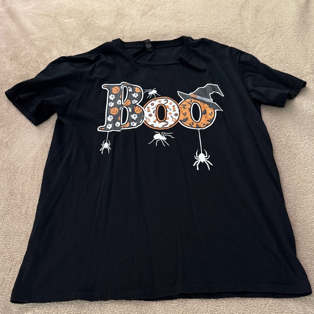 Anvil Black Halloween 'Boo' Tee with Spider Design